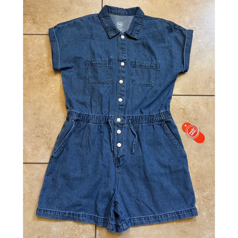 Wonder Nation Denim Romper Girls XL 14-16 Blue Utility‎ Snap Front NEW